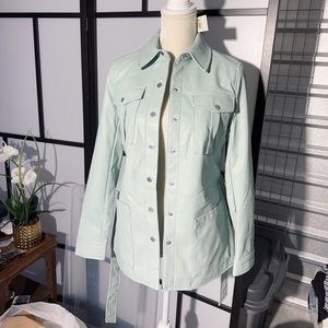 Calvin Klein soft leather jacket light Green silver logo button multipockets NWT